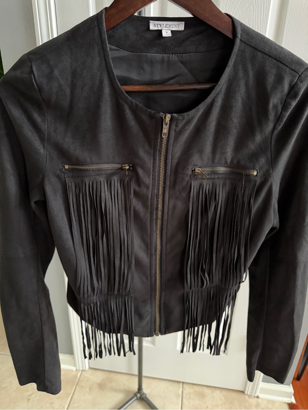StyleMint Black Fringe Leather-like Zip Jacket